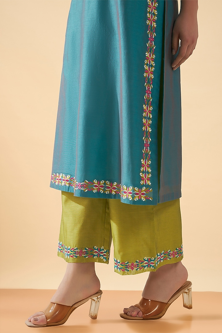 Blue Chanderi Silk Embroidered Kurta Set by ORIGANI at Pernia's Pop Up Shop