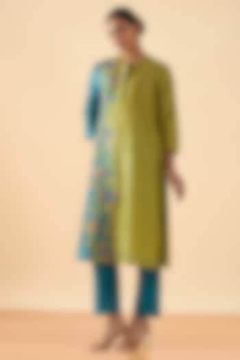 Blue & Green Chanderi Silk Applique Work Kurta Set by ORIGANI at Pernia's Pop Up Shop