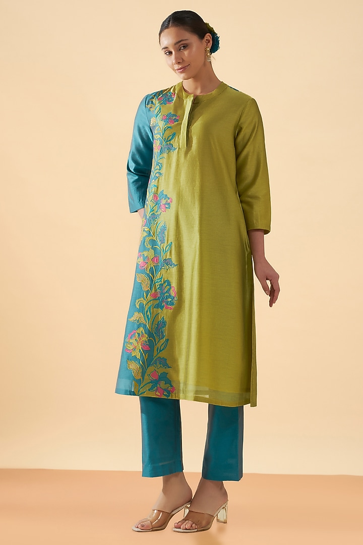 Blue & Green Chanderi Silk Applique Work Kurta Set by ORIGANI at Pernia's Pop Up Shop