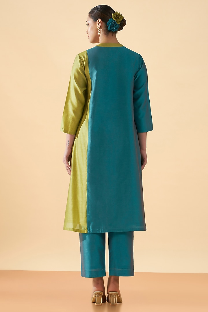Blue & Green Chanderi Silk Applique Work Kurta Set by ORIGANI at Pernia's Pop Up Shop