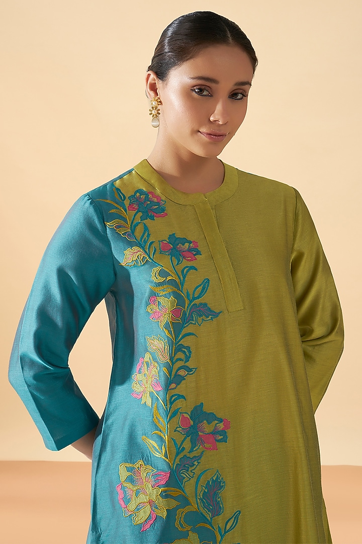 Blue & Green Chanderi Silk Applique Work Kurta Set by ORIGANI at Pernia's Pop Up Shop
