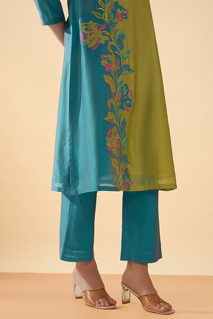 Blue & Green Chanderi Silk Applique Work Kurta Set by ORIGANI at Pernia's Pop Up Shop