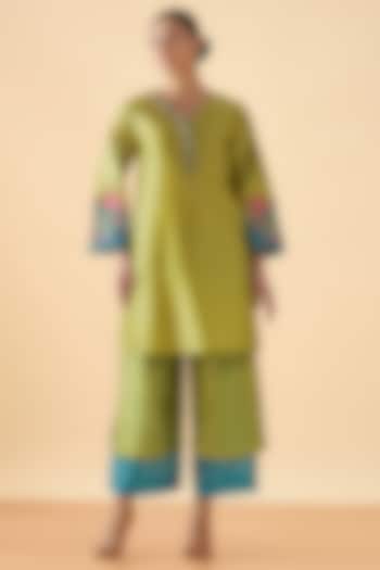 Blue & Green Chanderi Silk Embroidered Tunic Set by ORIGANI at Pernia's Pop Up Shop