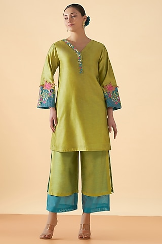 Blue & Green Chanderi Silk Embroidered Tunic Set by ORIGANI