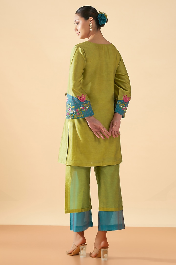 Blue & Green Chanderi Silk Embroidered Tunic Set by ORIGANI at Pernia's Pop Up Shop