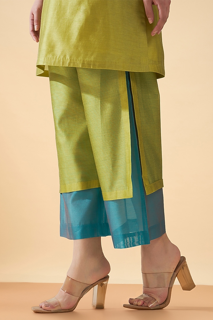 Blue & Green Chanderi Silk Embroidered Tunic Set by ORIGANI at Pernia's Pop Up Shop