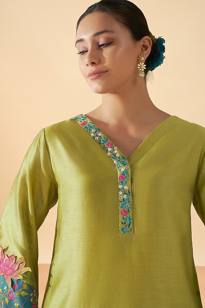 Blue & Green Chanderi Silk Embroidered Tunic Set by ORIGANI at Pernia's Pop Up Shop