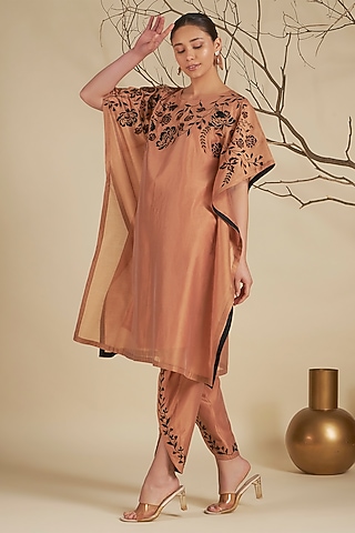 Peach Chanderi Silk Embroidered Kaftan Set by ORIGANI
