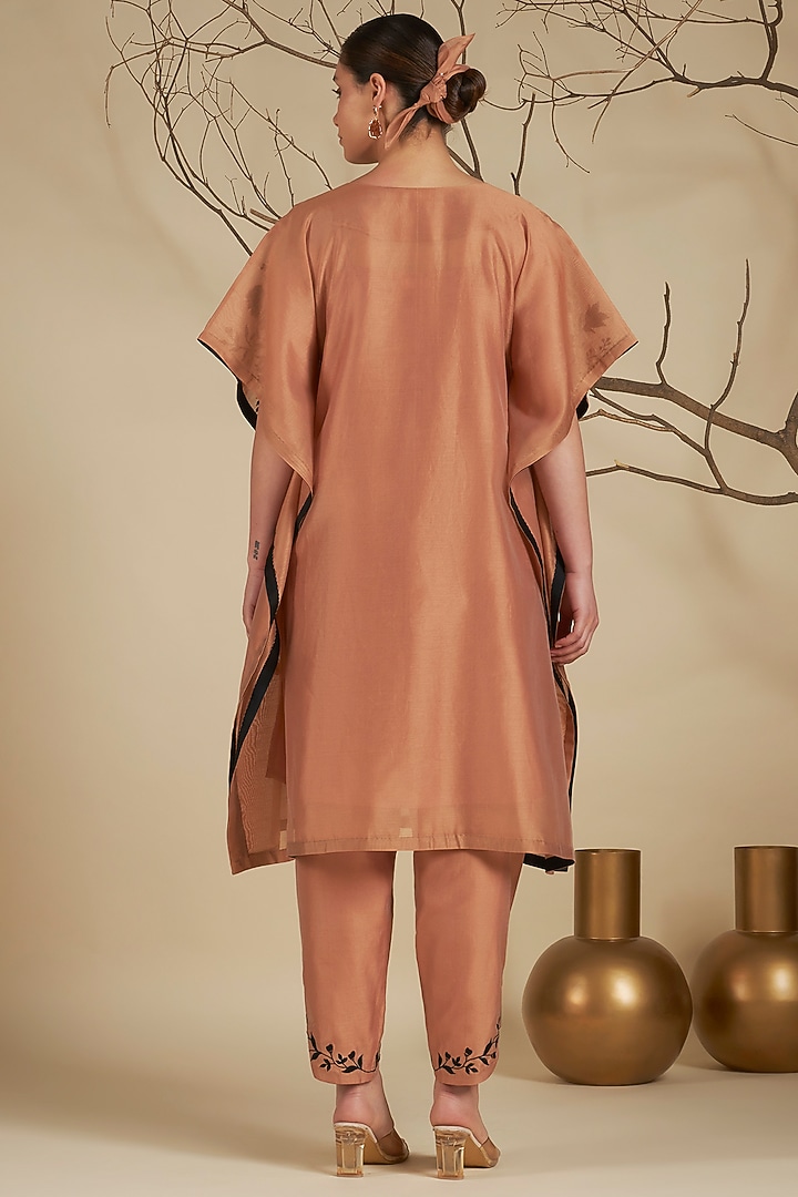 Peach Chanderi Silk Embroidered Kaftan Set by ORIGANI at Pernia's Pop Up Shop