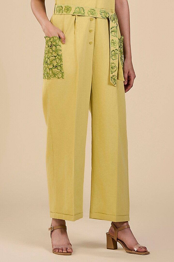 Lime Green Linen Blend Cutwork Jumpsuit by ORIGANI at Pernia's Pop Up Shop
