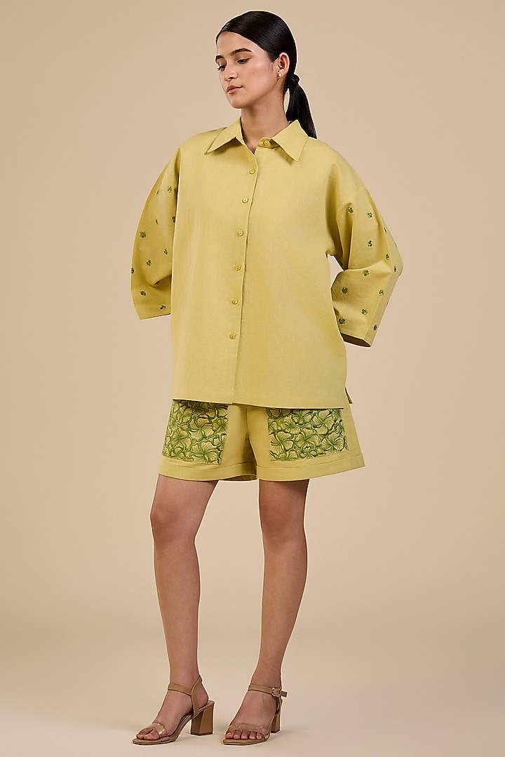 Lime Green Linen Blend Embroidered Co-Ord Set by ORIGANI at Pernia's Pop Up Shop