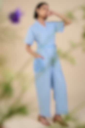 Ice Blue Linen Blend Cutwork Jumpsuit by ORIGANI at Pernia's Pop Up Shop