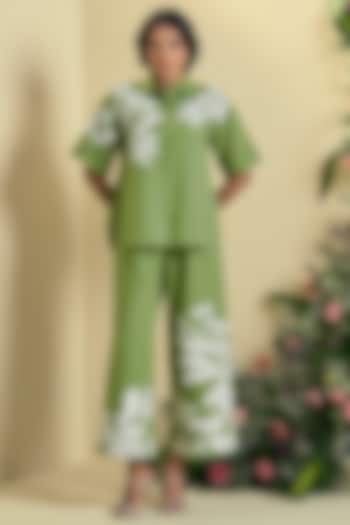 Green Linen Blend Embroidered Co-Ord Set by ORIGANI at Pernia's Pop Up Shop