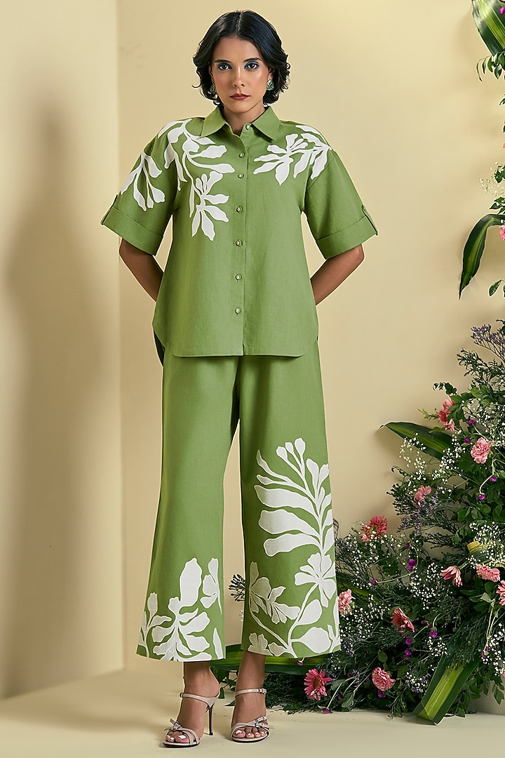 Green Linen Blend Embroidered Co-Ord Set by ORIGANI at Pernia's Pop Up Shop