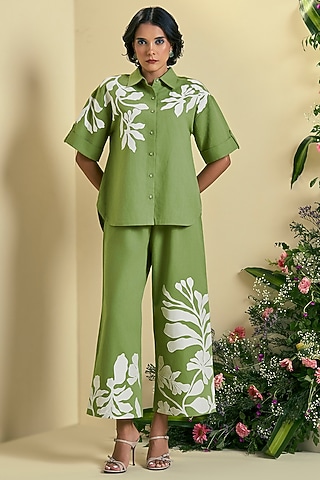 Green Linen Blend Embroidered Co-Ord Set by ORIGANI