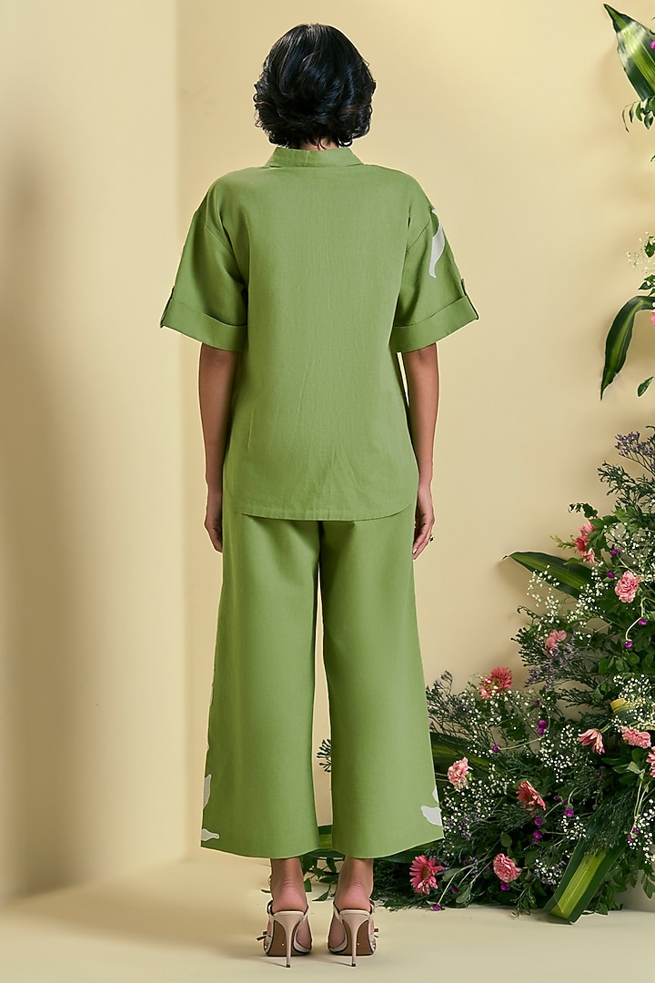Green Linen Blend Embroidered Co-Ord Set by ORIGANI at Pernia's Pop Up Shop