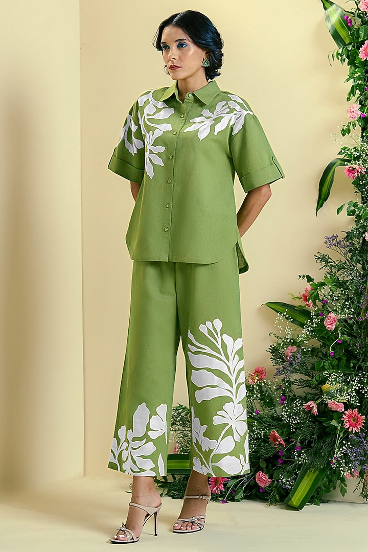 Green Linen Blend Embroidered Co-Ord Set by ORIGANI at Pernia's Pop Up Shop