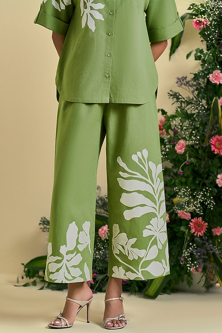 Green Linen Blend Embroidered Co-Ord Set by ORIGANI at Pernia's Pop Up Shop