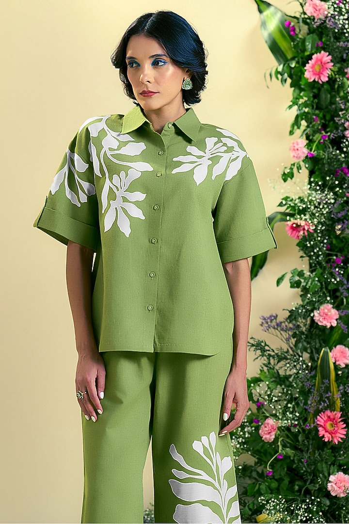 Green Linen Blend Embroidered Co-Ord Set by ORIGANI at Pernia's Pop Up Shop