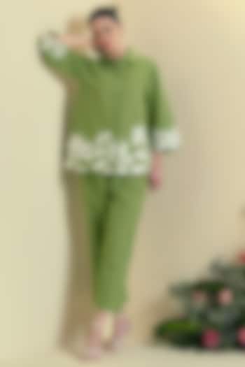 Green Linen Blend Embroidered Co-Ord Set by ORIGANI at Pernia's Pop Up Shop