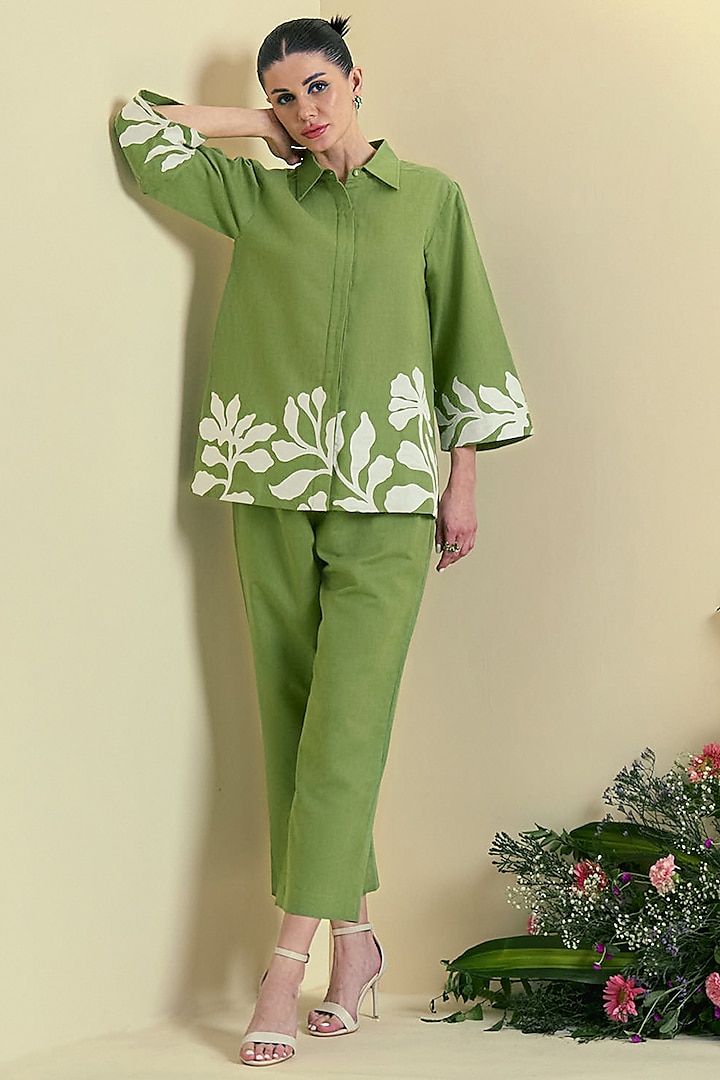 Green Linen Blend Embroidered Co-Ord Set by ORIGANI at Pernia's Pop Up Shop