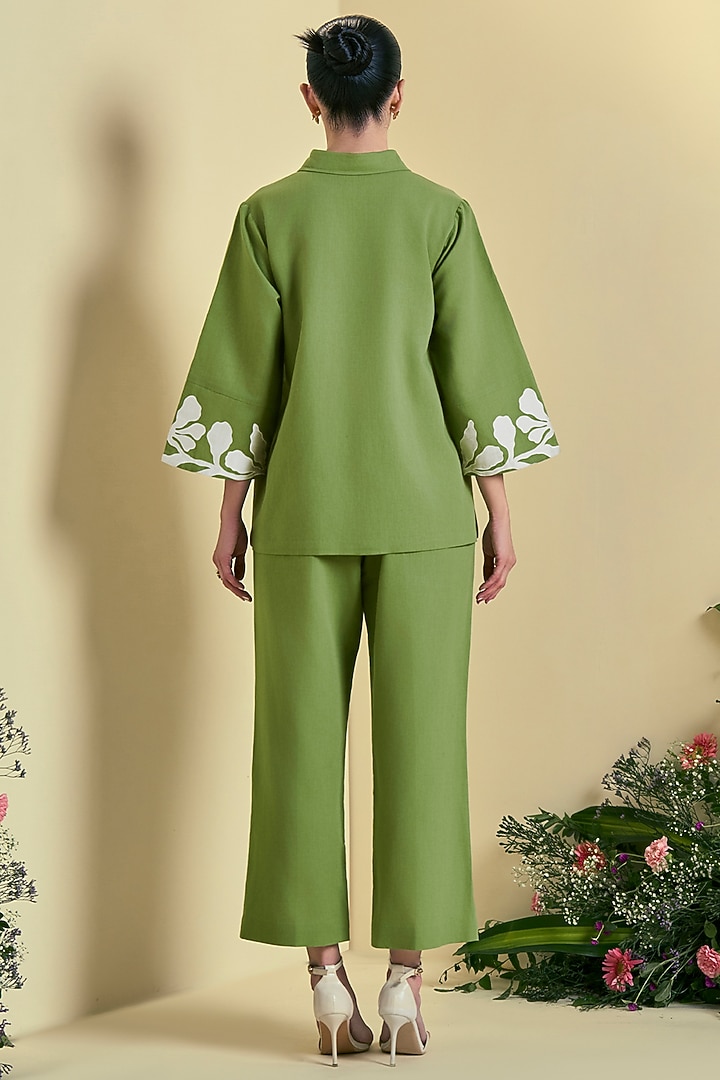 Green Linen Blend Embroidered Co-Ord Set by ORIGANI at Pernia's Pop Up Shop