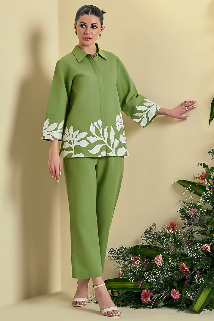 Green Linen Blend Embroidered Co-Ord Set by ORIGANI at Pernia's Pop Up Shop