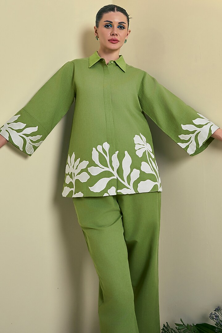 Green Linen Blend Embroidered Co-Ord Set by ORIGANI at Pernia's Pop Up Shop