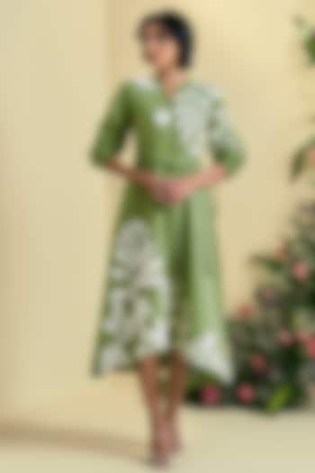 Green Linen Blend Embroidered Vacation Dress by ORIGANI at Pernia's Pop Up Shop