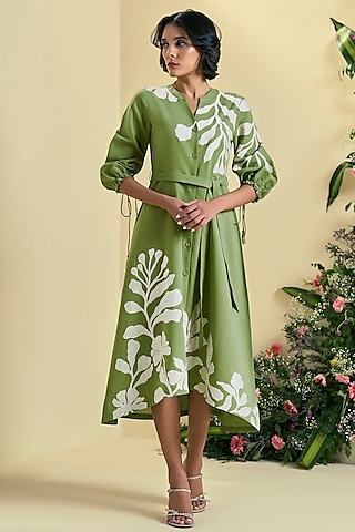 Green Linen Blend Embroidered Dress by ORIGANI