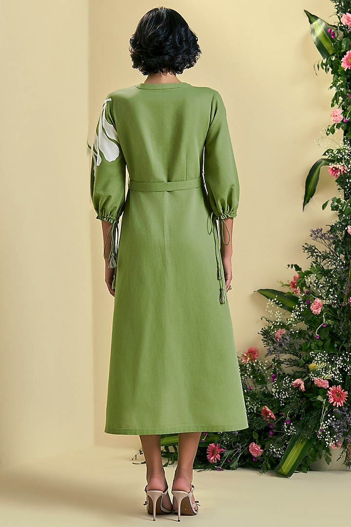 Green Linen Blend Embroidered Vacation Dress by ORIGANI at Pernia's Pop Up Shop