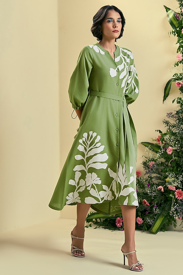 Green Linen Blend Embroidered Vacation Dress by ORIGANI at Pernia's Pop Up Shop