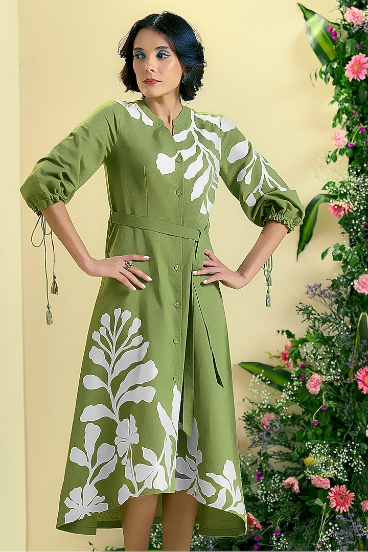 Green Linen Blend Embroidered Vacation Dress by ORIGANI at Pernia's Pop Up Shop