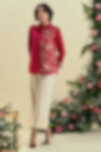 Red & Ecru Linen Blend Floral Embroidered Co-Ord Set by ORIGANI at Pernia's Pop Up Shop