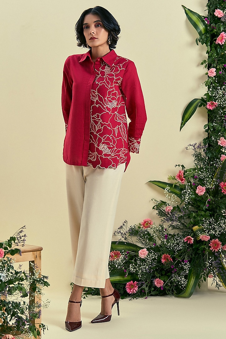 Red & Ecru Linen Blend Floral Embroidered Co-Ord Set by ORIGANI at Pernia's Pop Up Shop