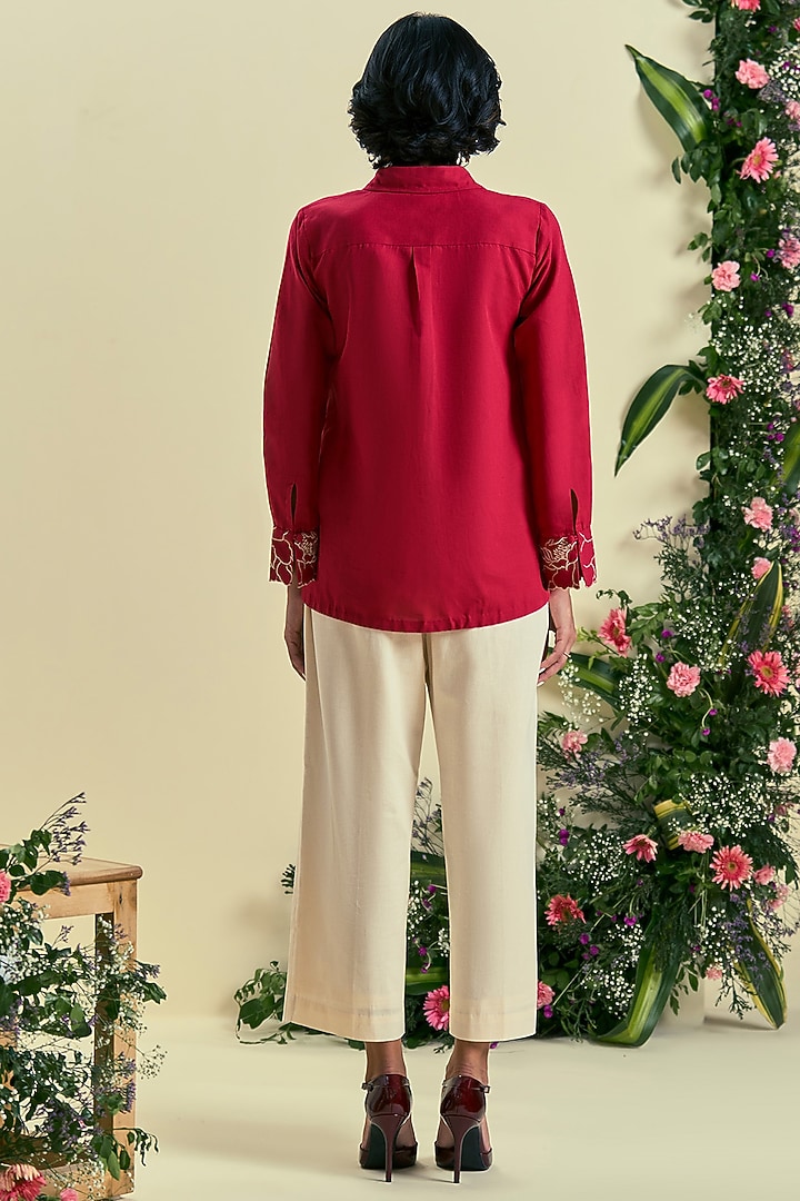 Red & Ecru Linen Blend Floral Embroidered Co-Ord Set by ORIGANI at Pernia's Pop Up Shop