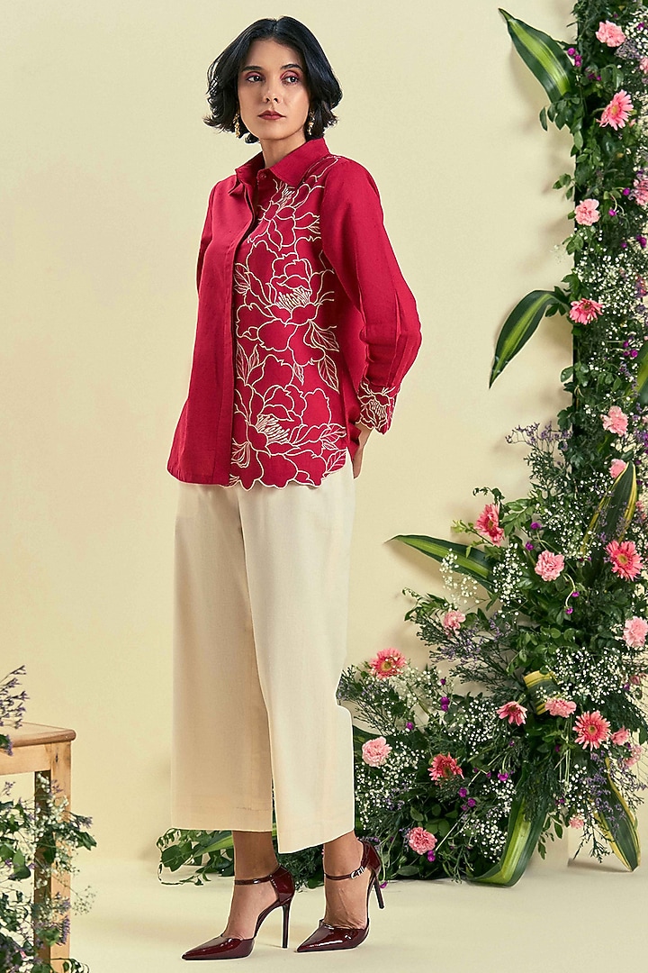 Red & Ecru Linen Blend Floral Embroidered Co-Ord Set by ORIGANI at Pernia's Pop Up Shop