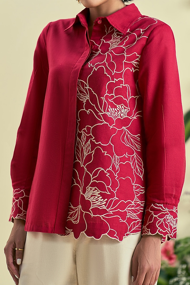 Red & Ecru Linen Blend Floral Embroidered Co-Ord Set by ORIGANI at Pernia's Pop Up Shop
