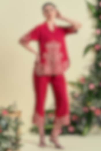 Red Linen Blend Embroidered Co-Ord Set by ORIGANI at Pernia's Pop Up Shop