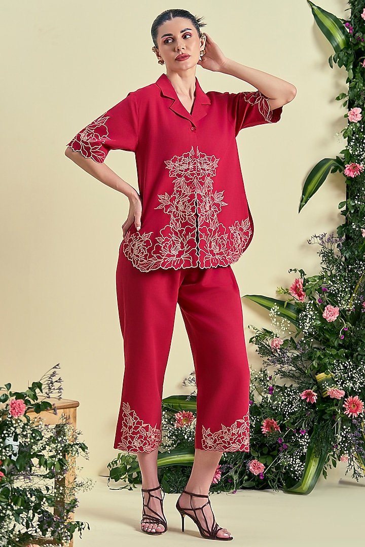 Red Linen Blend Embroidered Co-Ord Set by ORIGANI at Pernia's Pop Up Shop