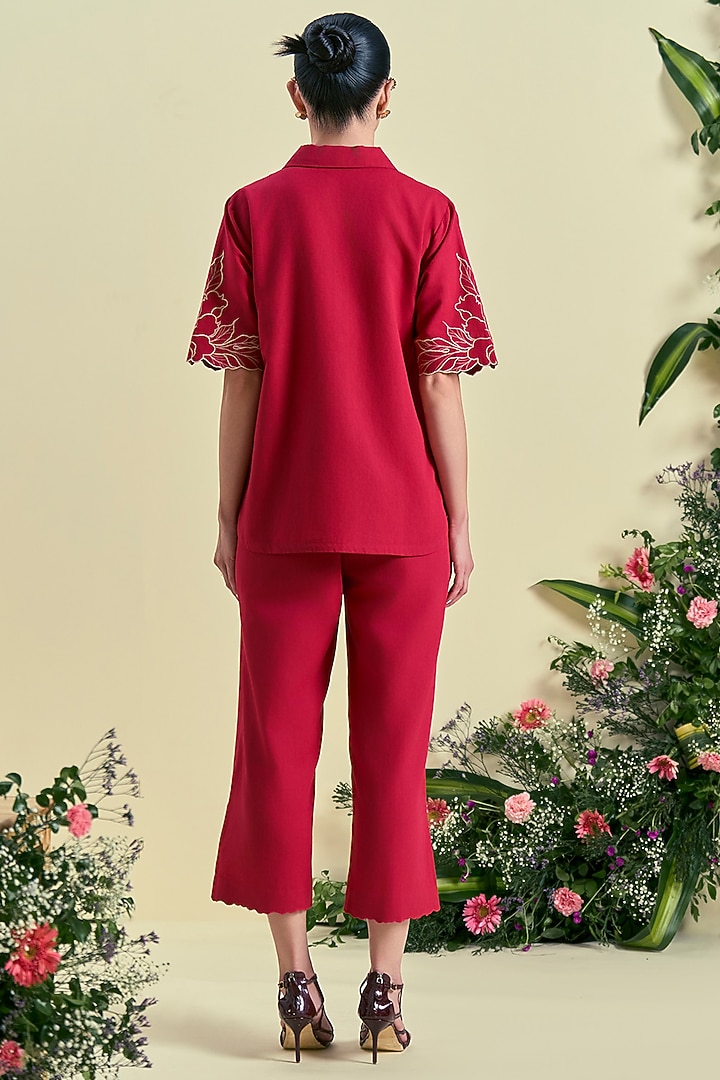 Red Linen Blend Embroidered Co-Ord Set by ORIGANI at Pernia's Pop Up Shop