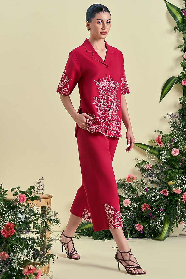 Red Linen Blend Embroidered Co-Ord Set by ORIGANI at Pernia's Pop Up Shop