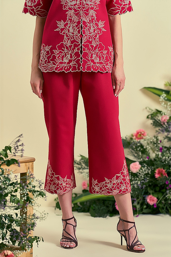Red Linen Blend Embroidered Co-Ord Set by ORIGANI at Pernia's Pop Up Shop