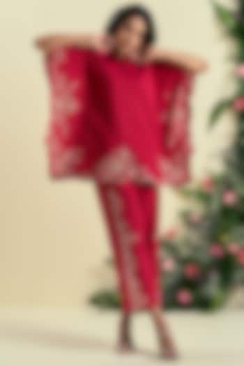 Red Linen Blend Embroidered Co-Ord Set by ORIGANI at Pernia's Pop Up Shop