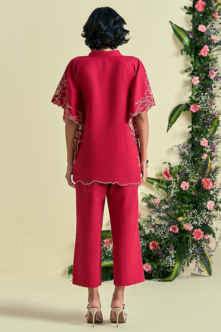 Red Linen Blend Embroidered Co-Ord Set by ORIGANI at Pernia's Pop Up Shop
