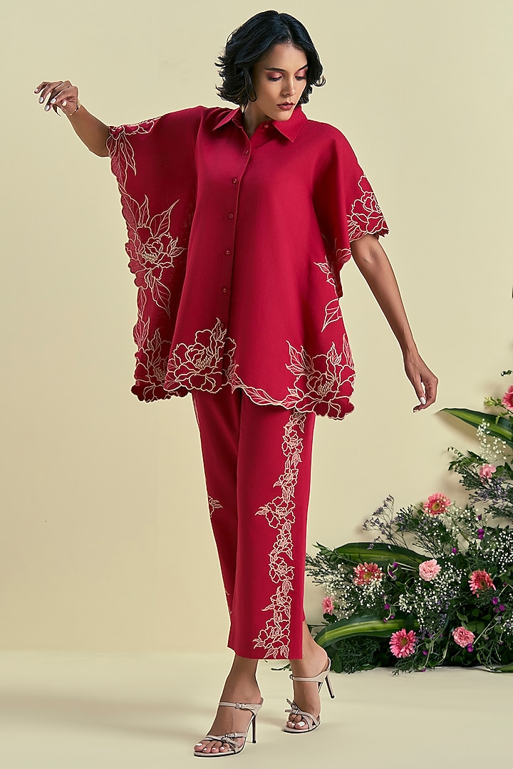 Red Linen Blend Embroidered Co-Ord Set by ORIGANI at Pernia's Pop Up Shop