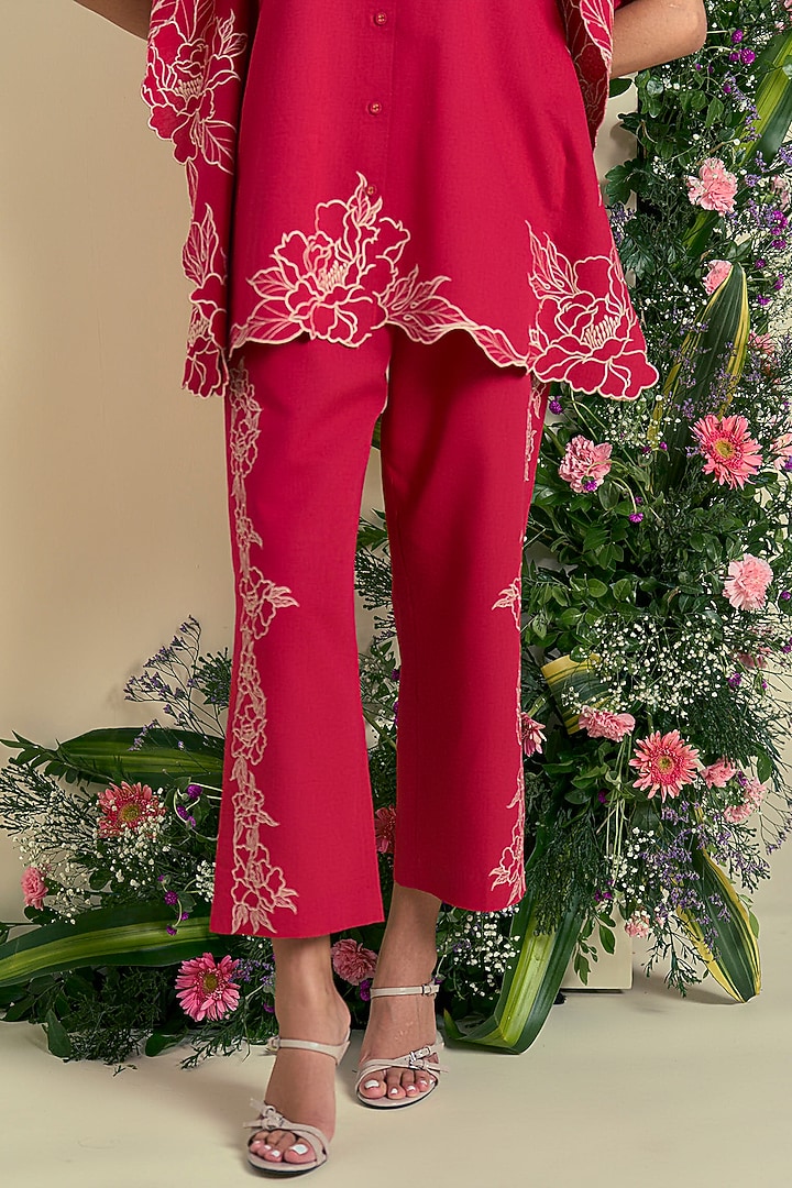 Red Linen Blend Embroidered Co-Ord Set by ORIGANI at Pernia's Pop Up Shop