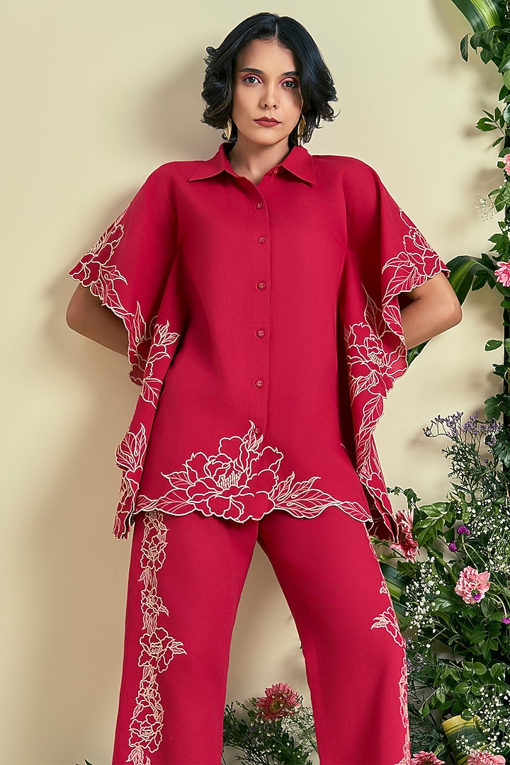 Red Linen Blend Embroidered Co-Ord Set by ORIGANI at Pernia's Pop Up Shop