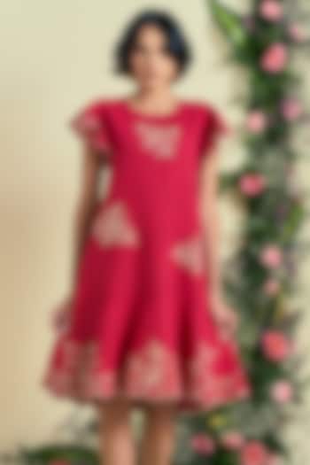 Red Linen Blend Embroidered Summer Dress by ORIGANI at Pernia's Pop Up Shop