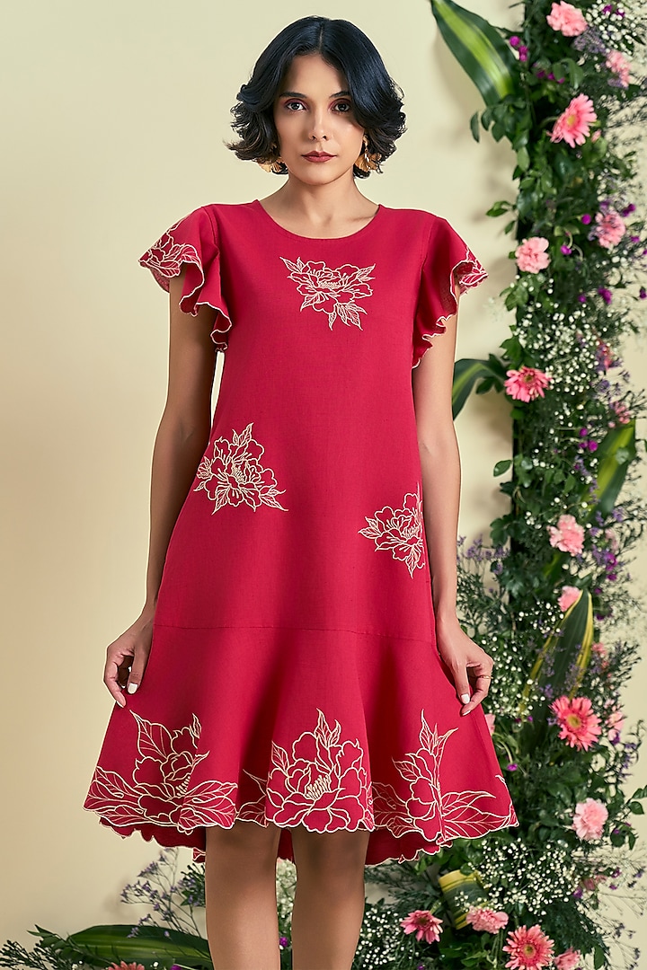 Red Linen Blend Embroidered Summer Dress by ORIGANI at Pernia's Pop Up Shop